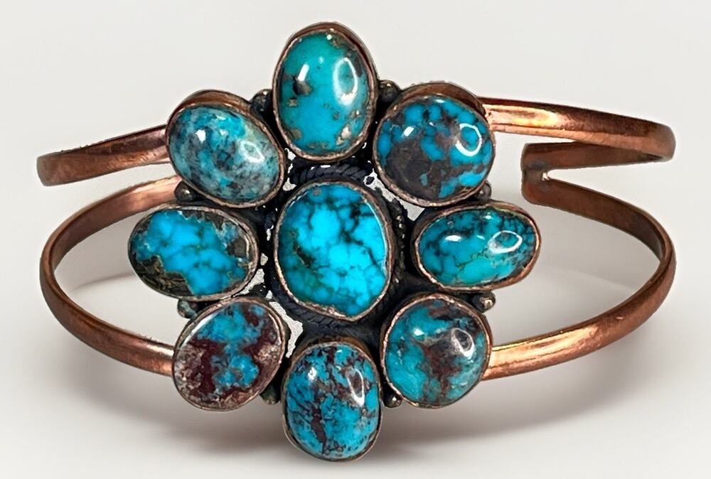 Southwestern Copper Hubei Turquoise Cluster Statement Cuff Bracelet Handmade